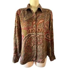Nine West Vintage Paisley Print Silk Blouse Woman Size 8 Button Up Long Sleeves